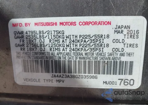 2016 Mitsubishi Outlander Sel z USA, uszkodzony, nr VIN JA4AZ3A38GZ035986